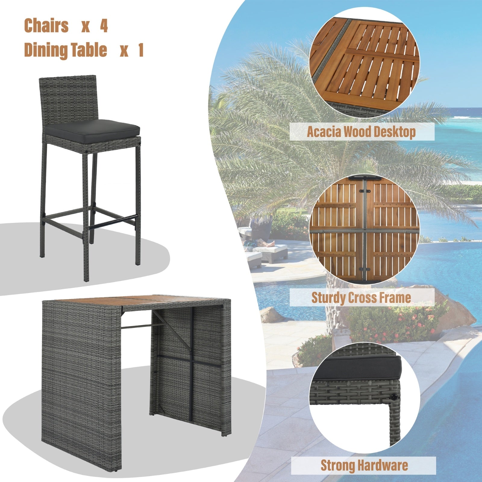5-Piece Outdoor Patio Wicker Bar Set