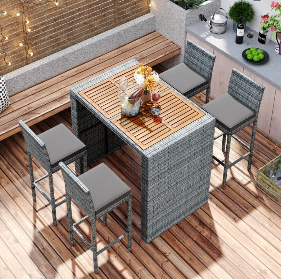 5-Piece Outdoor Patio Wicker Bar Set
